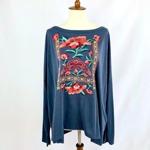 Floral Embroidered Gray Long Sleeve Dolman Top